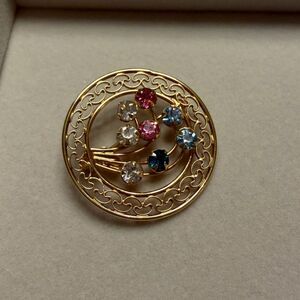 Vintage Signed Carla 12K GF Multicolor Rhinestone Circle Brooch 1960s Spray Pin